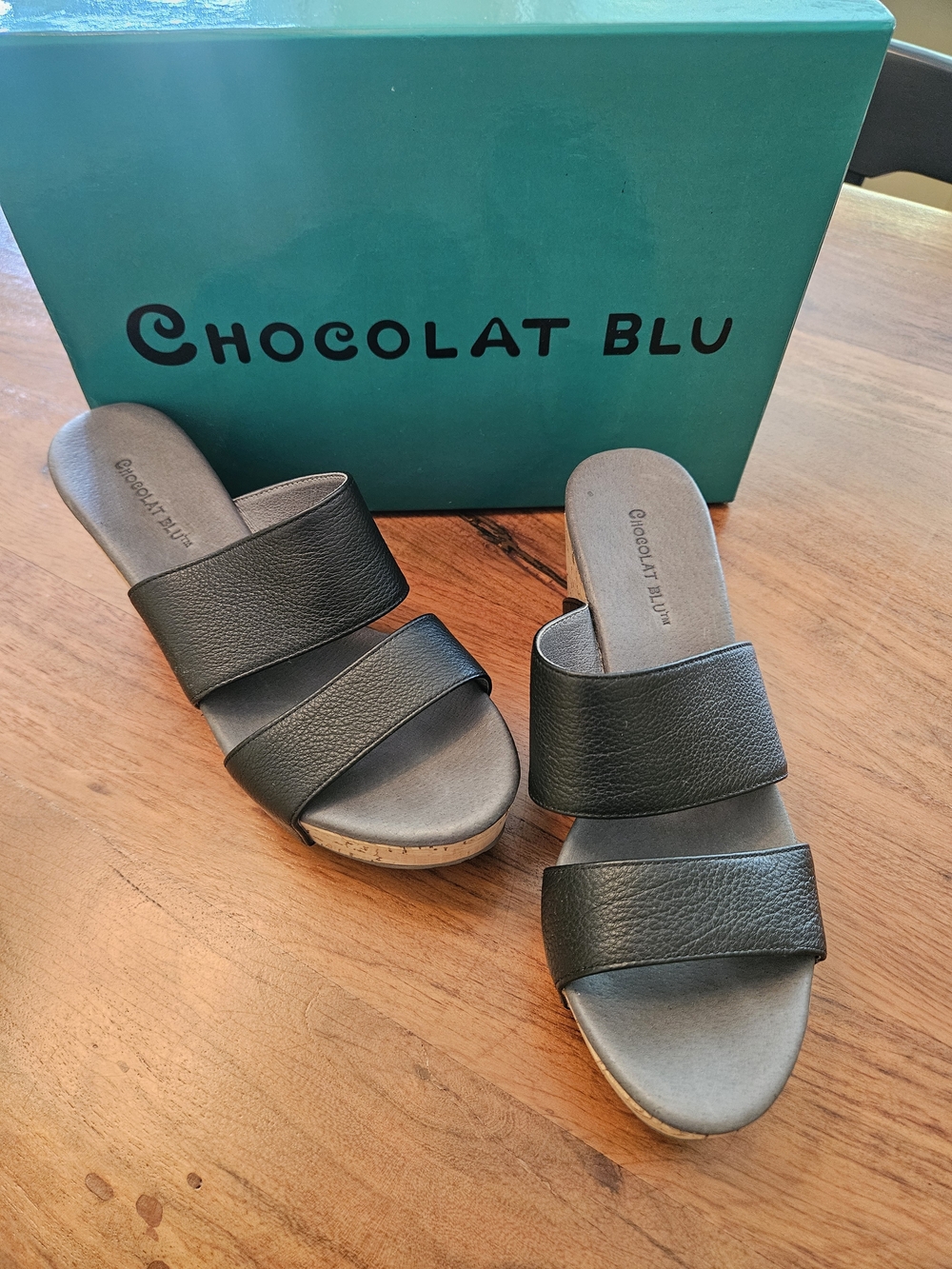 Chocolat Blu Black Double Strap Slide Sandals